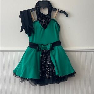 “Emerald City” Emerald and Black Sequin Kids Dance Costume with gloves CMedium